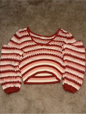 Altar'd State Crochet Knit Striped Cropped Balloon Sleeve Sweater NWT M